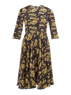 Black and Gold Printed Long Silk Dress