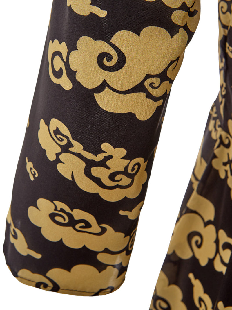 Black and Gold Printed Long Silk Dress