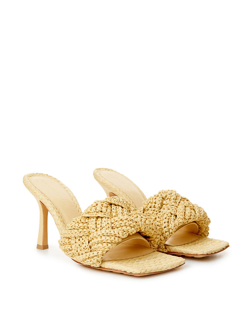 Beige Raffia Heeled Sandal Mule with Intreccio