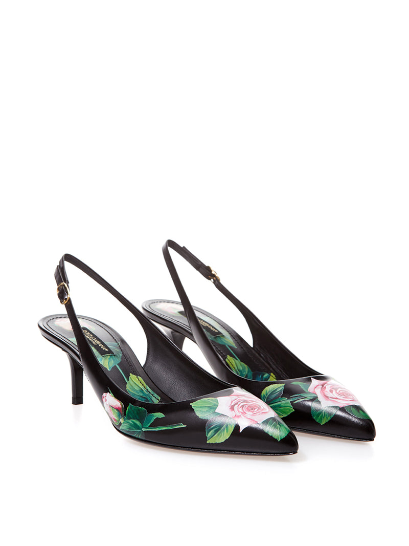 Black Leather Slingback Floral Print Décolleté