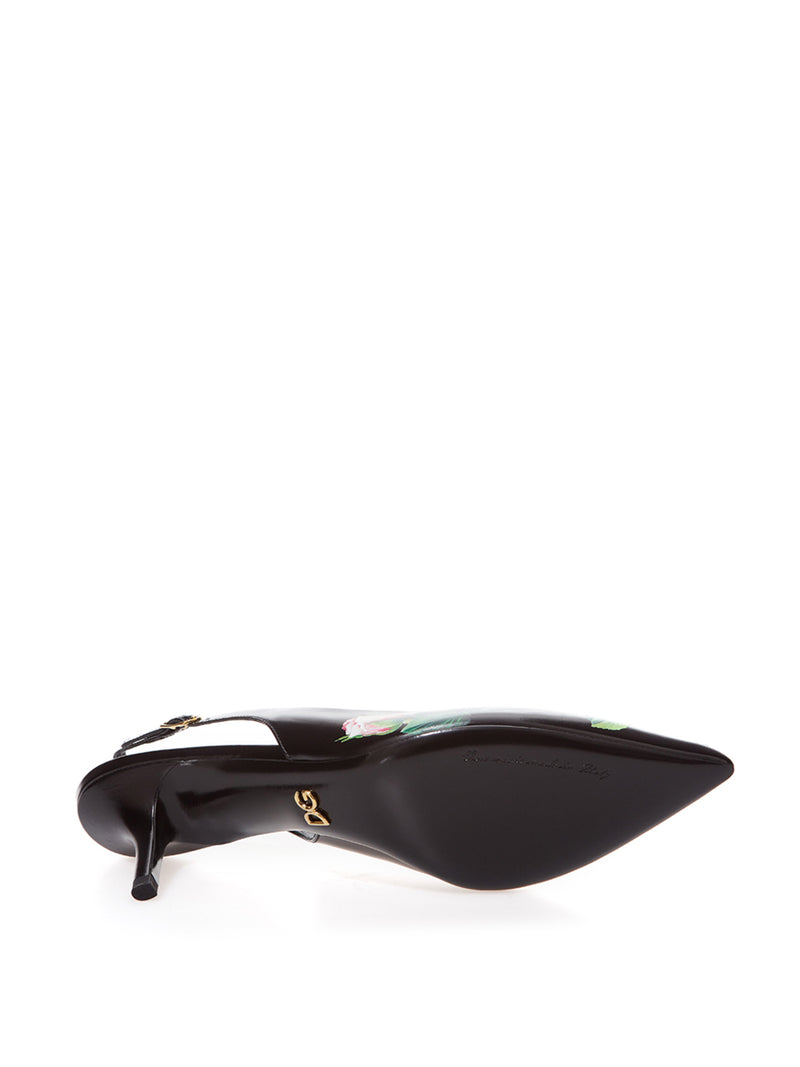 Black Leather Slingback Floral Print Décolleté