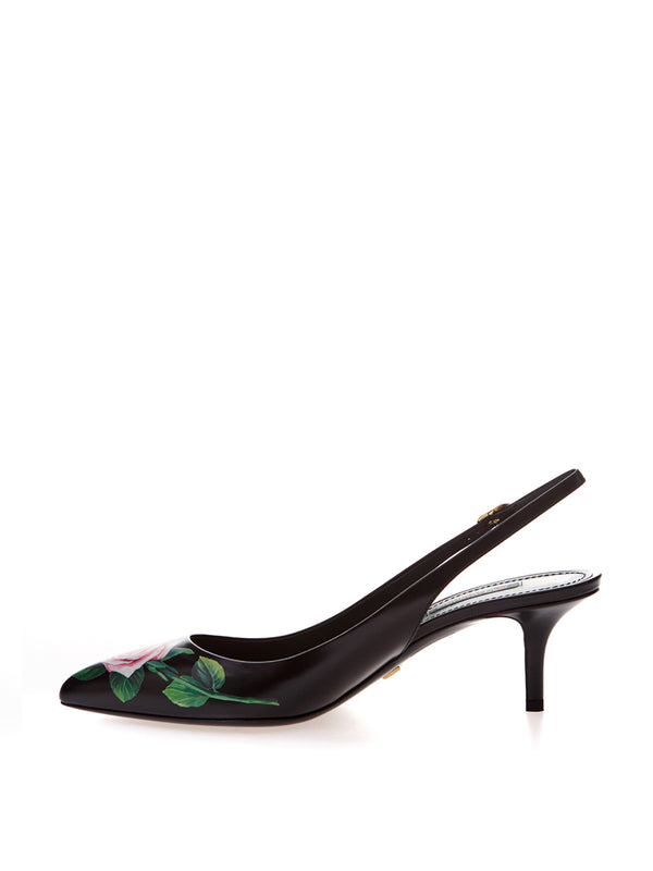 Black Leather Slingback Floral Print Décolleté