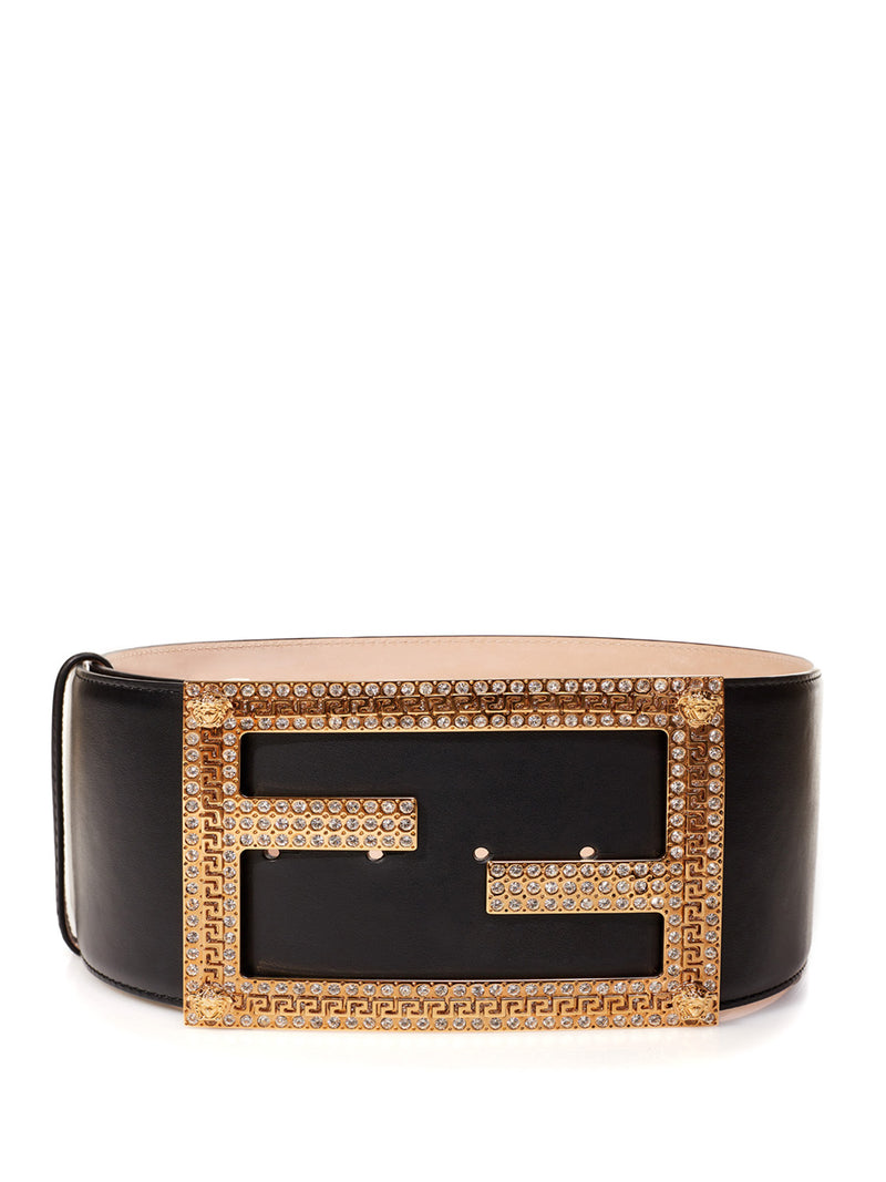 High Leather Black Logo Belt with Crystals