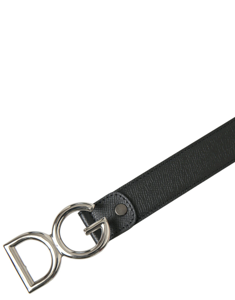 Black Leather Silver Metal Logo Buckle Belt