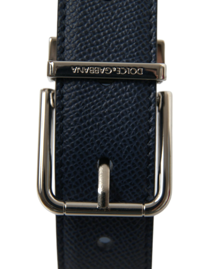 Navy Blue Leather Silver Metal Buckle Belt