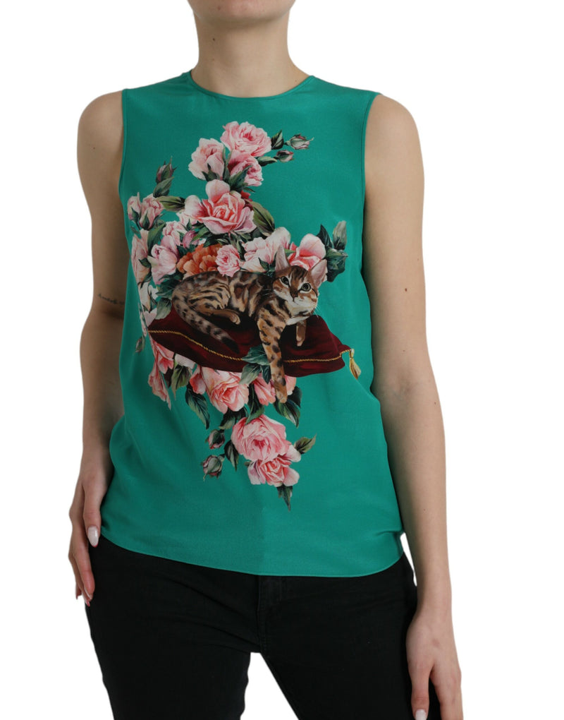 Green Floral Cat Silk Round Neck Tank Top