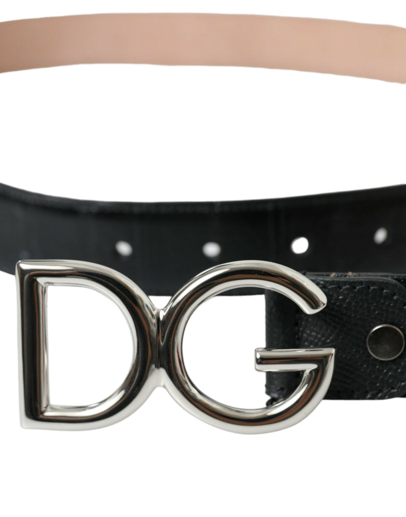 Black Leather Silver Logo Metal Buckle Belt