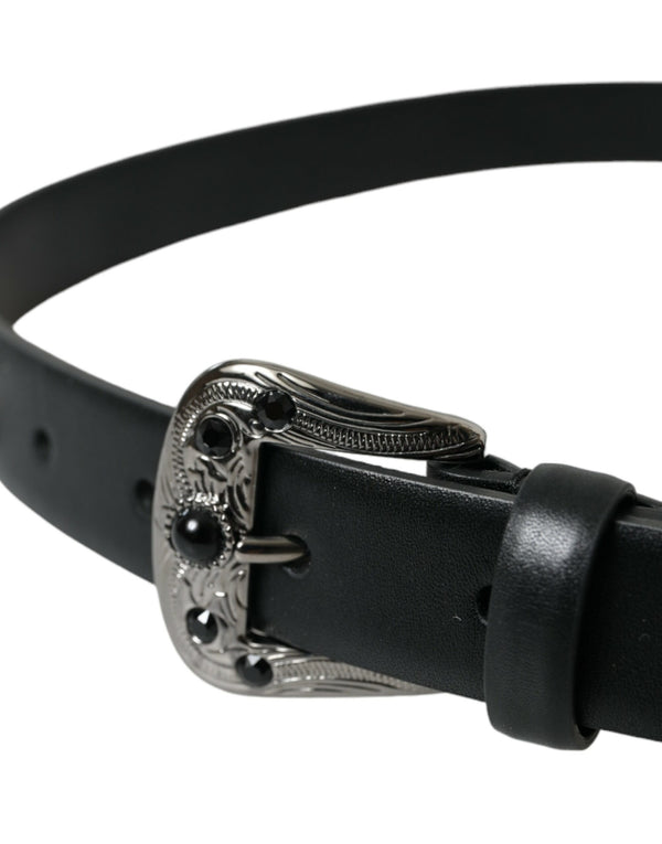 Black Embellished Leather Engraved Buckle Belt