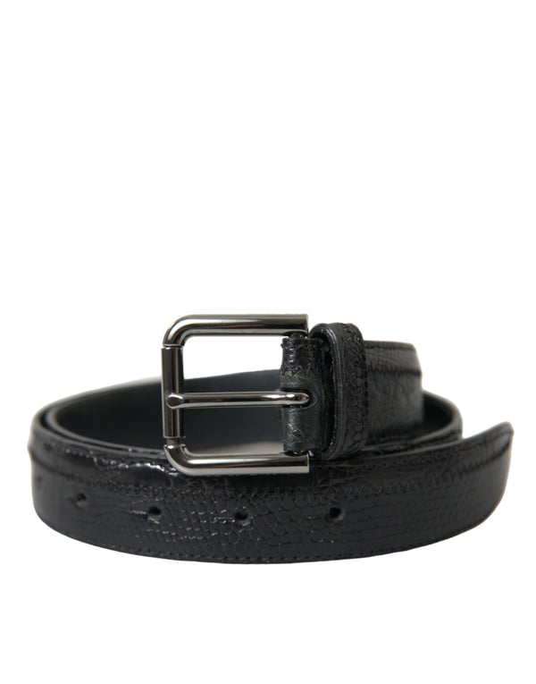 Black Exotic Leather Silver Metal Buckle Belt