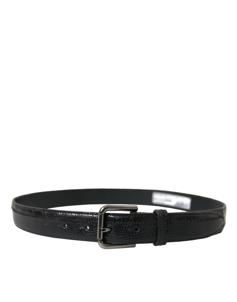 Black Exotic Leather Silver Metal Buckle Belt