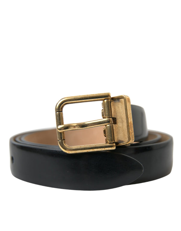 Black Calf Leather Gold Metal Buckle Belt