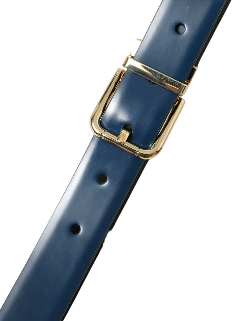 Blue Calf Leather Gold Metal Buckle Belt