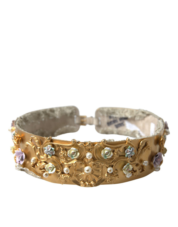 Gold Brass Faux Pearl Floral Embellished Belt