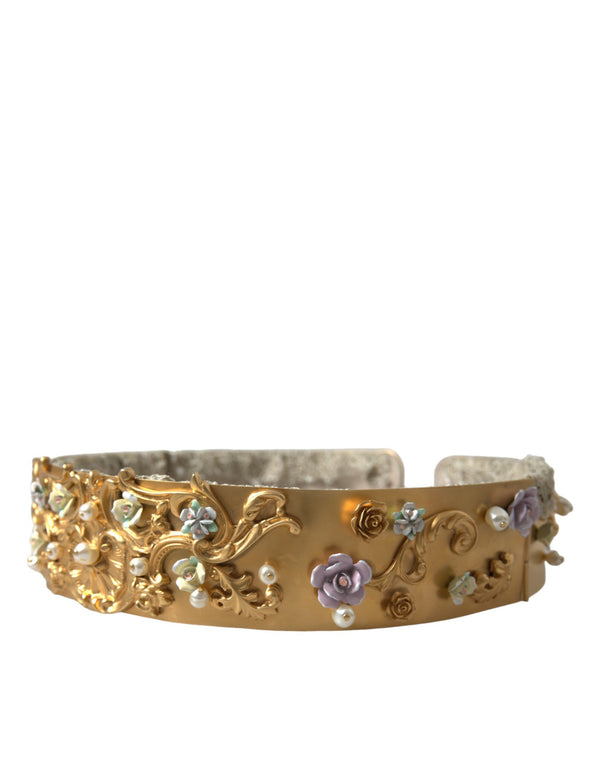 Gold Brass Faux Pearl Floral Embellished Belt