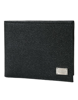 Black Calfskin Leather Bifold Card Holder Logo Wallet