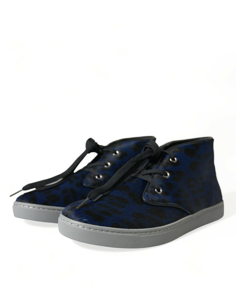 Blue Calfskin Leopard Mid Top Sneakers Shoes