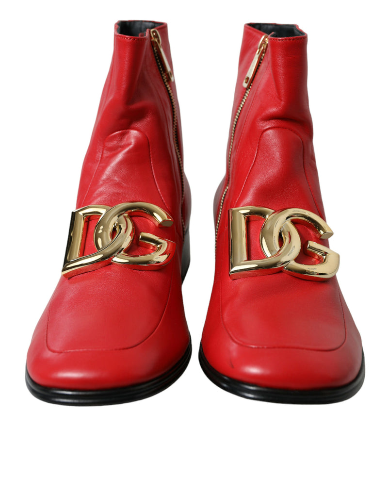 Red DG Buckle Leather Mid Calf Boots Shoes