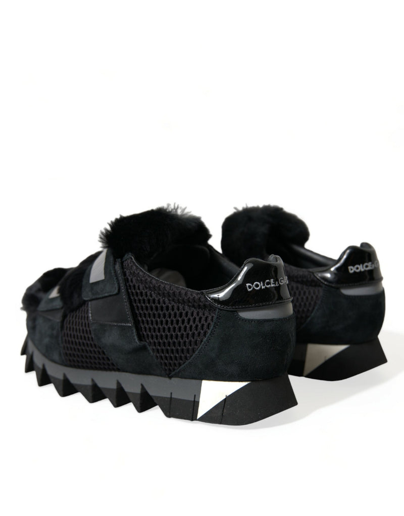 Black Fur Embellished Suede Sneakers Shoes