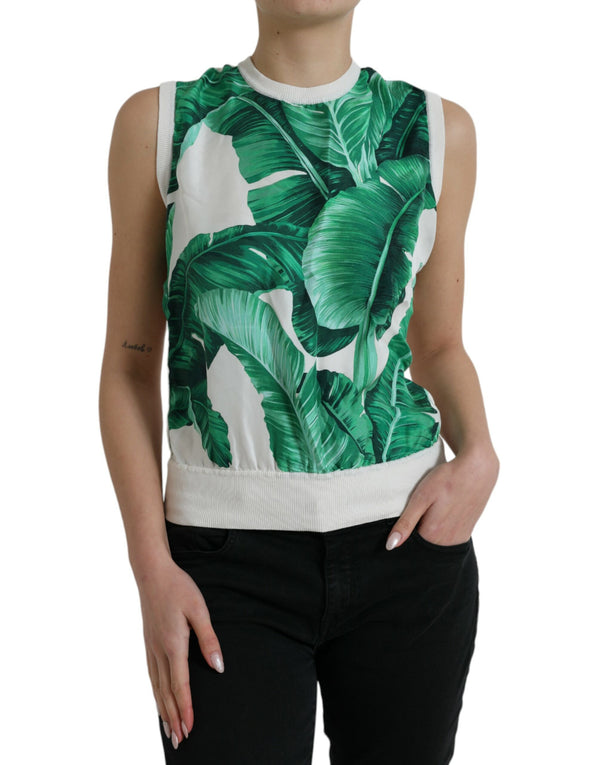 White Banana Leaf Print Crew Neck Tank Top