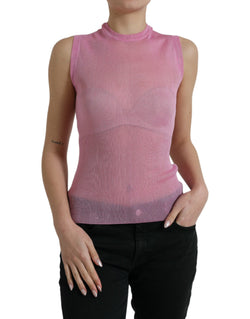 Pink See Through Crewneck Sleeveless Tank Top