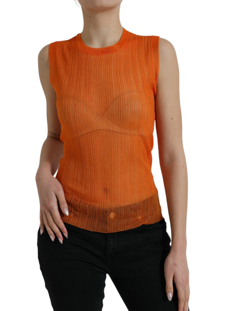 Orange See Through Crew Neck Blouse Tank Top