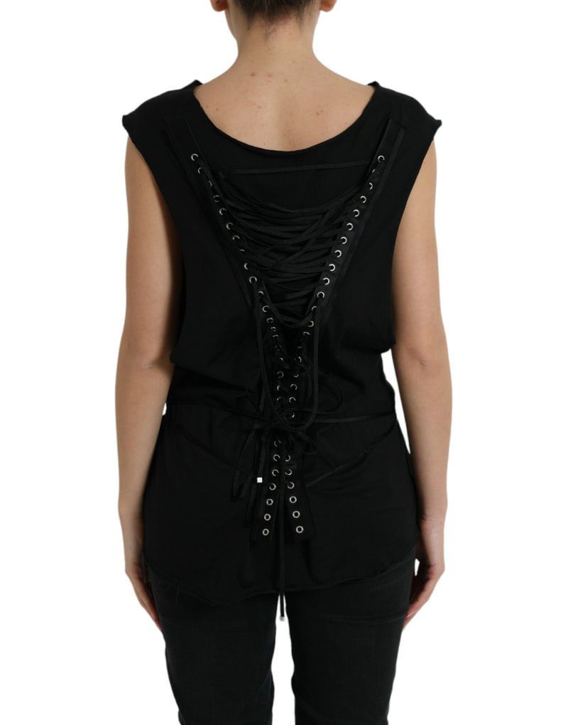 Black Cotton Lace Up Logo Round Neck Tank Top