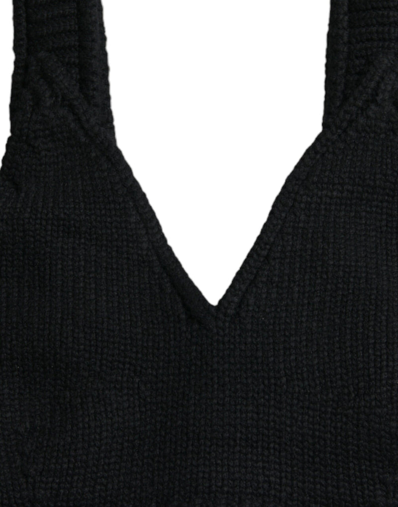 Black Cropped Cashmere V-neck Bustier Top