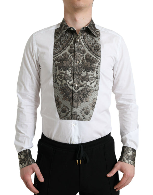 White Floral Brocade GOLD Dress Shirt