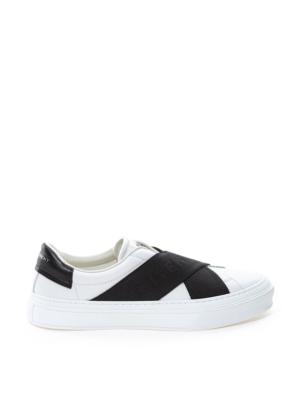 Two Black Straps City Sport White Leather Sneakers