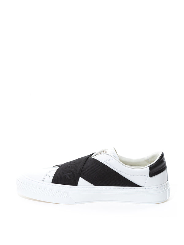 Two Black Straps City Sport White Leather Sneakers
