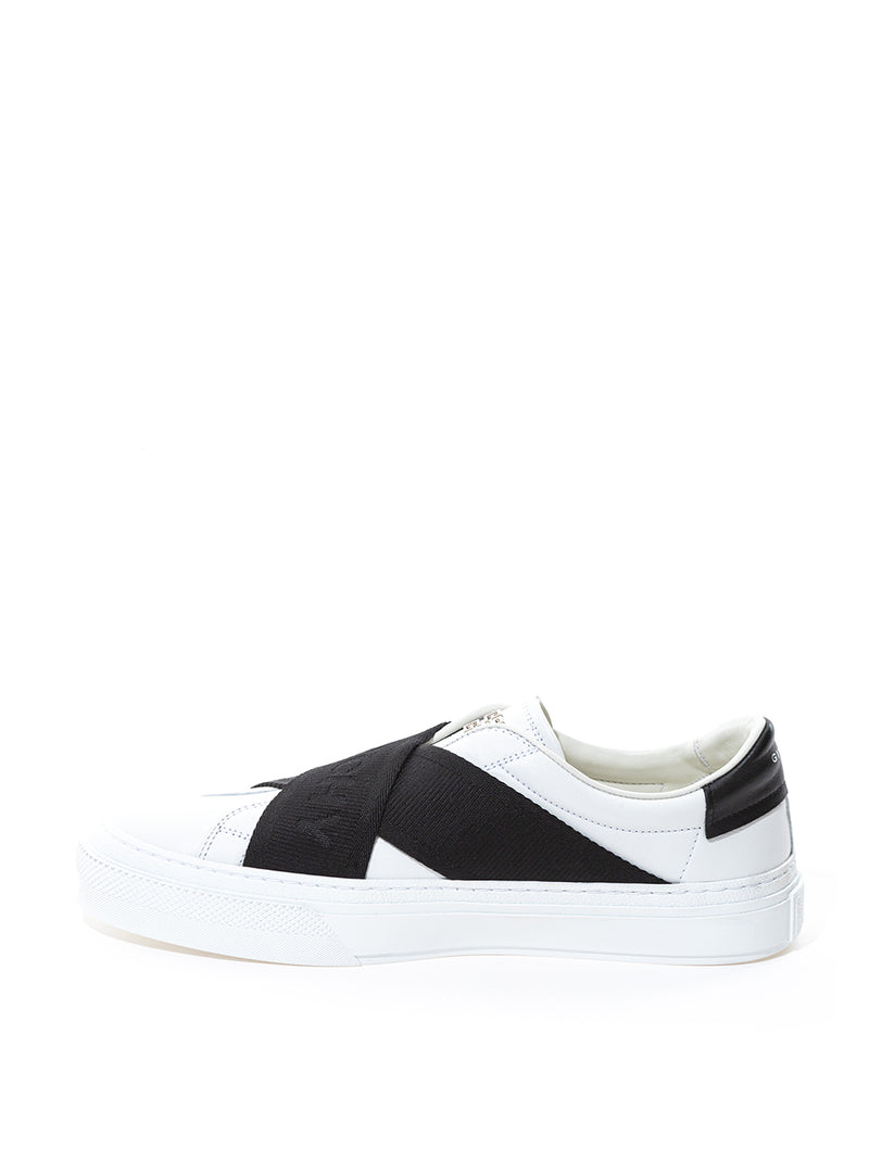 Two Black Straps City Sport White Leather Sneakers