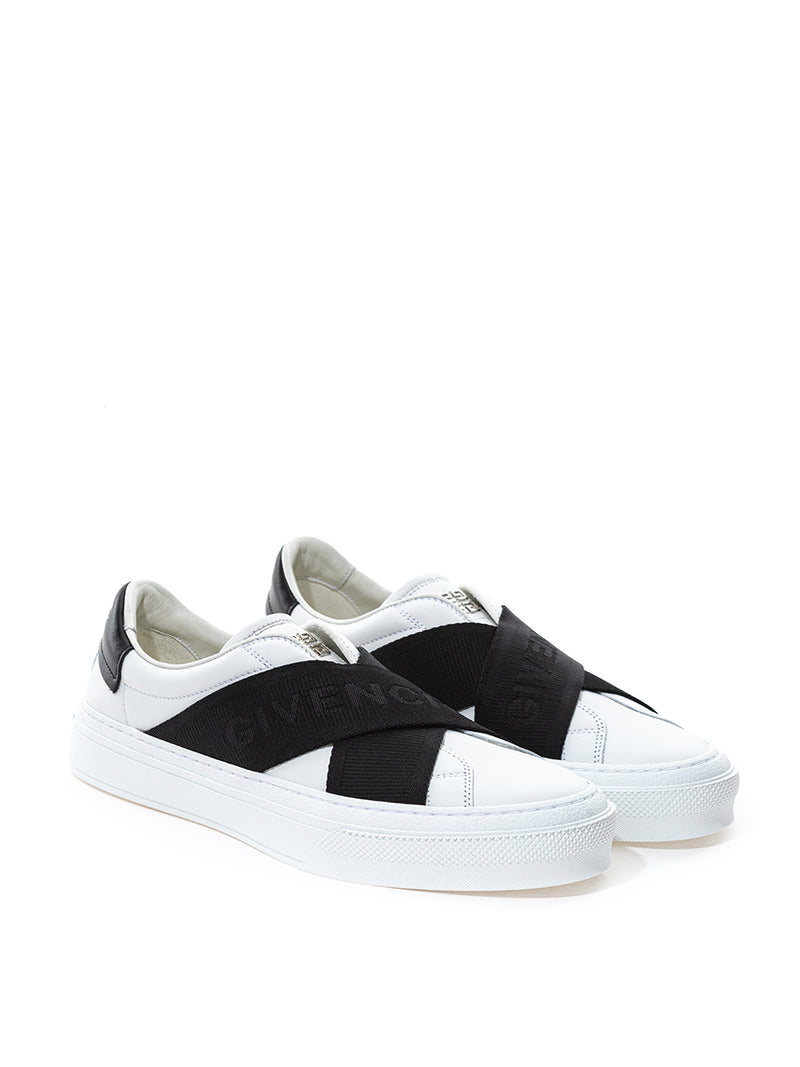 Two Black Straps City Sport White Leather Sneakers