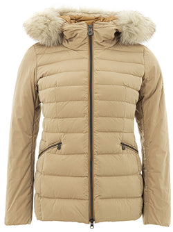 Beige Quilted Jacket with Fur Detail