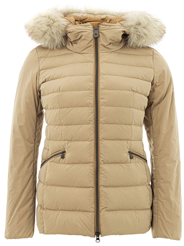 Beige Quilted Jacket with Fur Detail