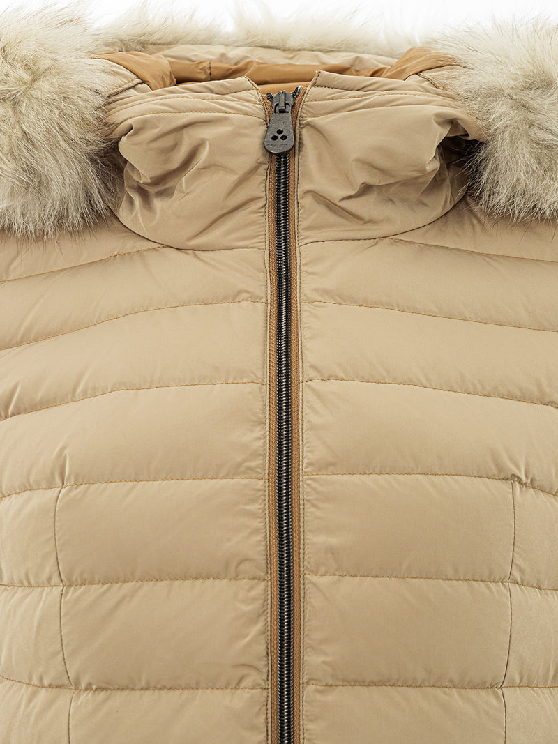 Beige Quilted Jacket with Fur Detail