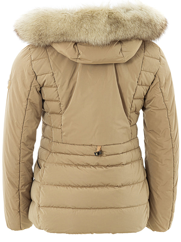 Beige Quilted Jacket with Fur Detail