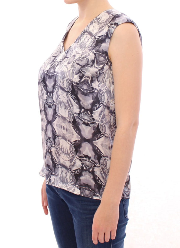 Gray Blue Silk Sleeveless Top Shirt Blouse