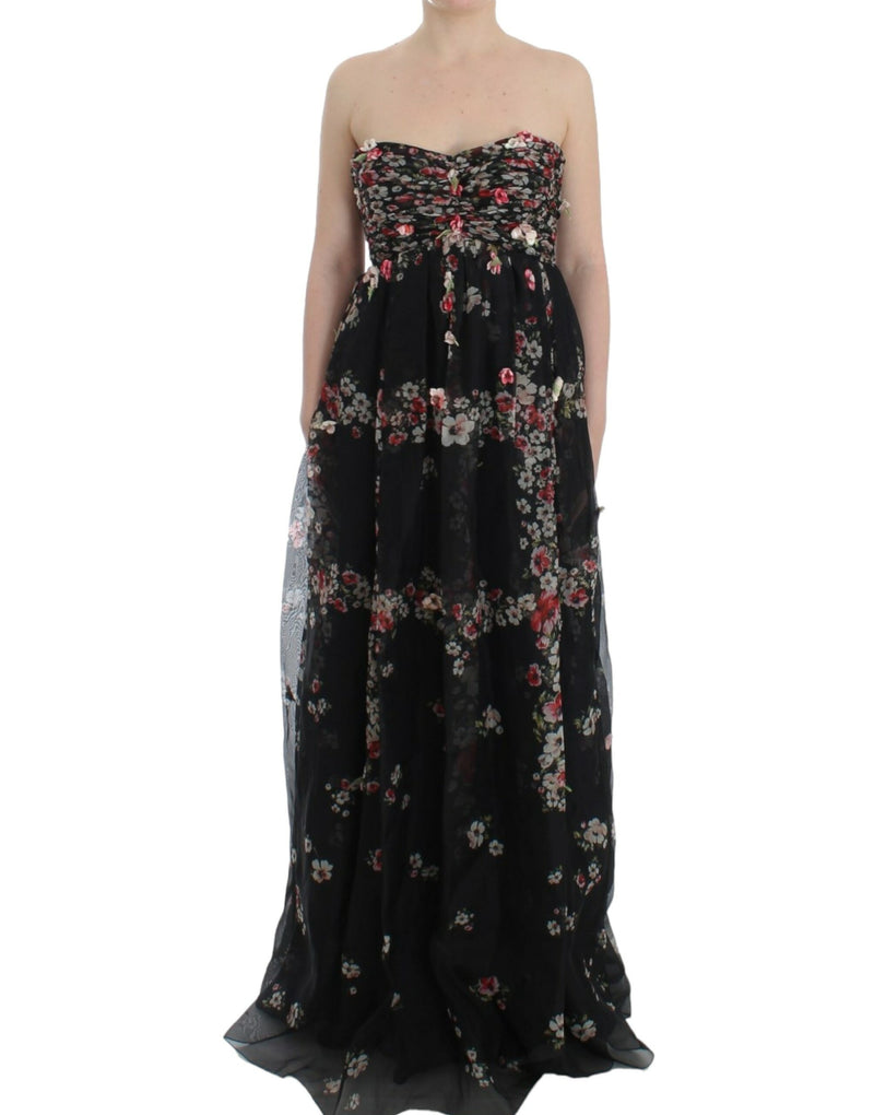 Masterpiece black floral print silk runway dress