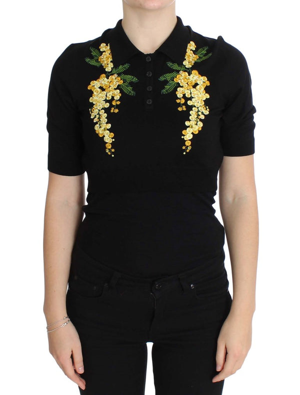 Black Silk Floral Embroidered Polo Top