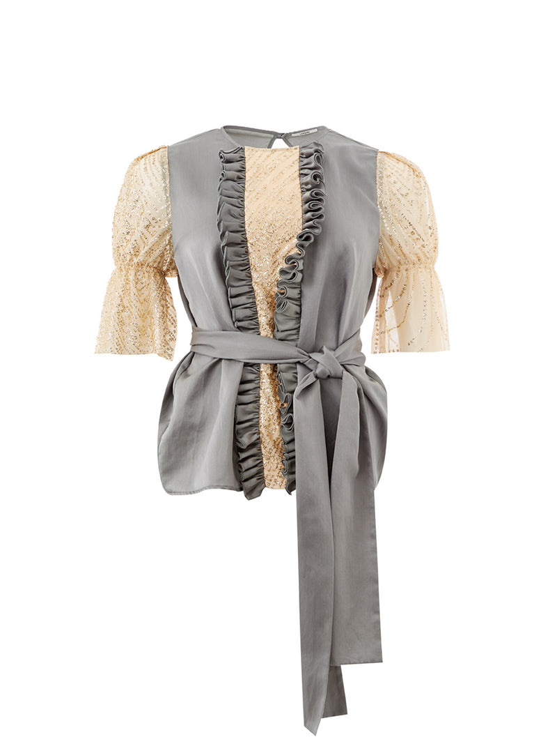 Grey silk embellished ruffled Top