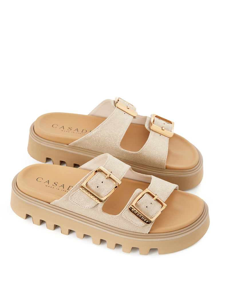 Glitter Beige Suede Sandal 'Buckles' Slipper