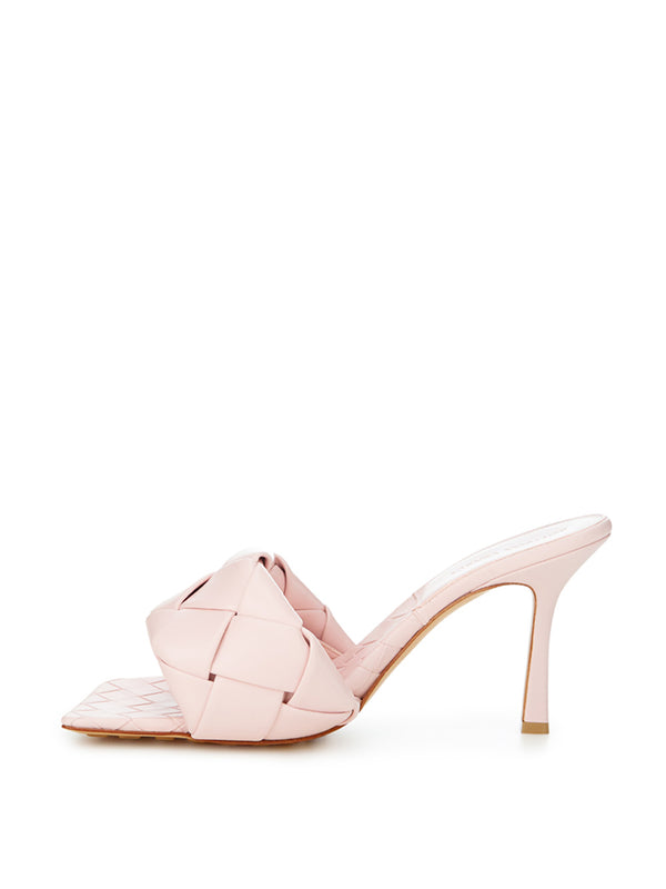 Light Pink Leather Heeled Sandal Mule with Intreccio