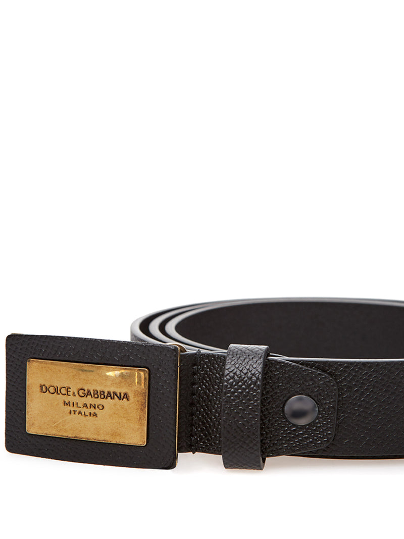 Black Leather Belt with Gold Logo Buckle