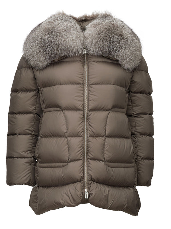 Quilted Long Jacket with Fur Collar