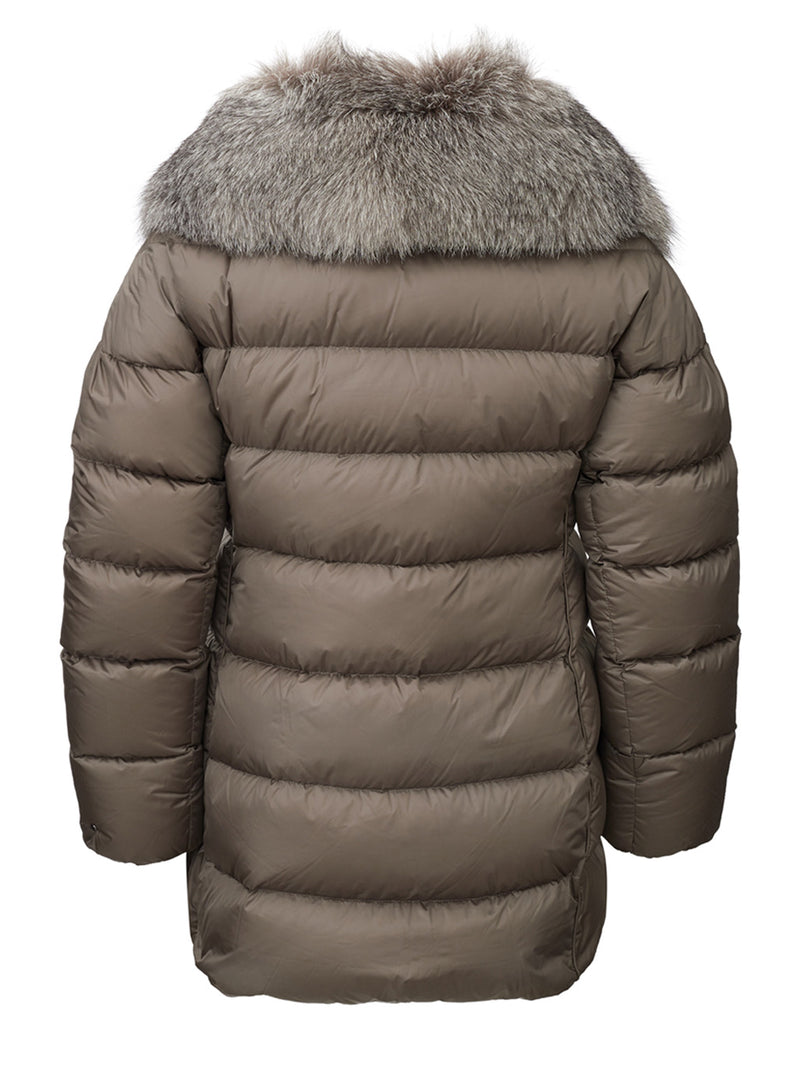 Quilted Long Jacket with Fur Collar