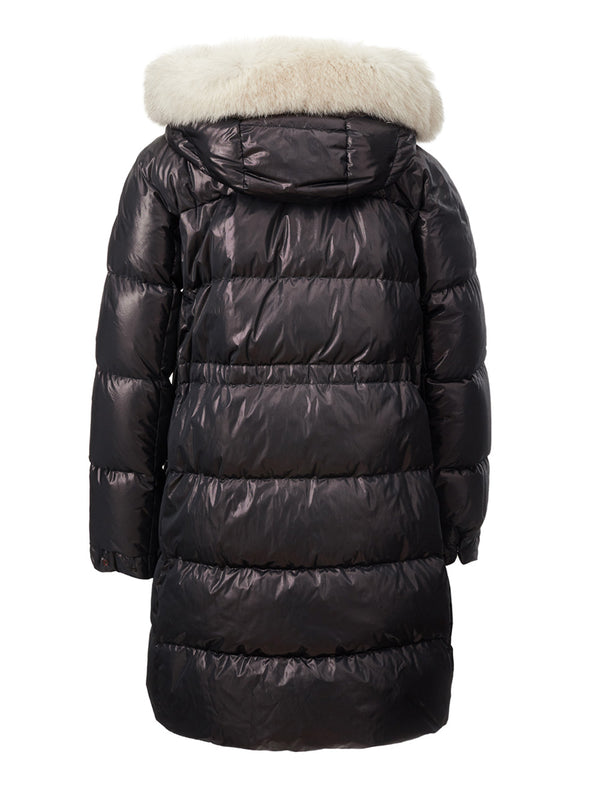 Black Bronzed Quilted Long Jacket with Fur