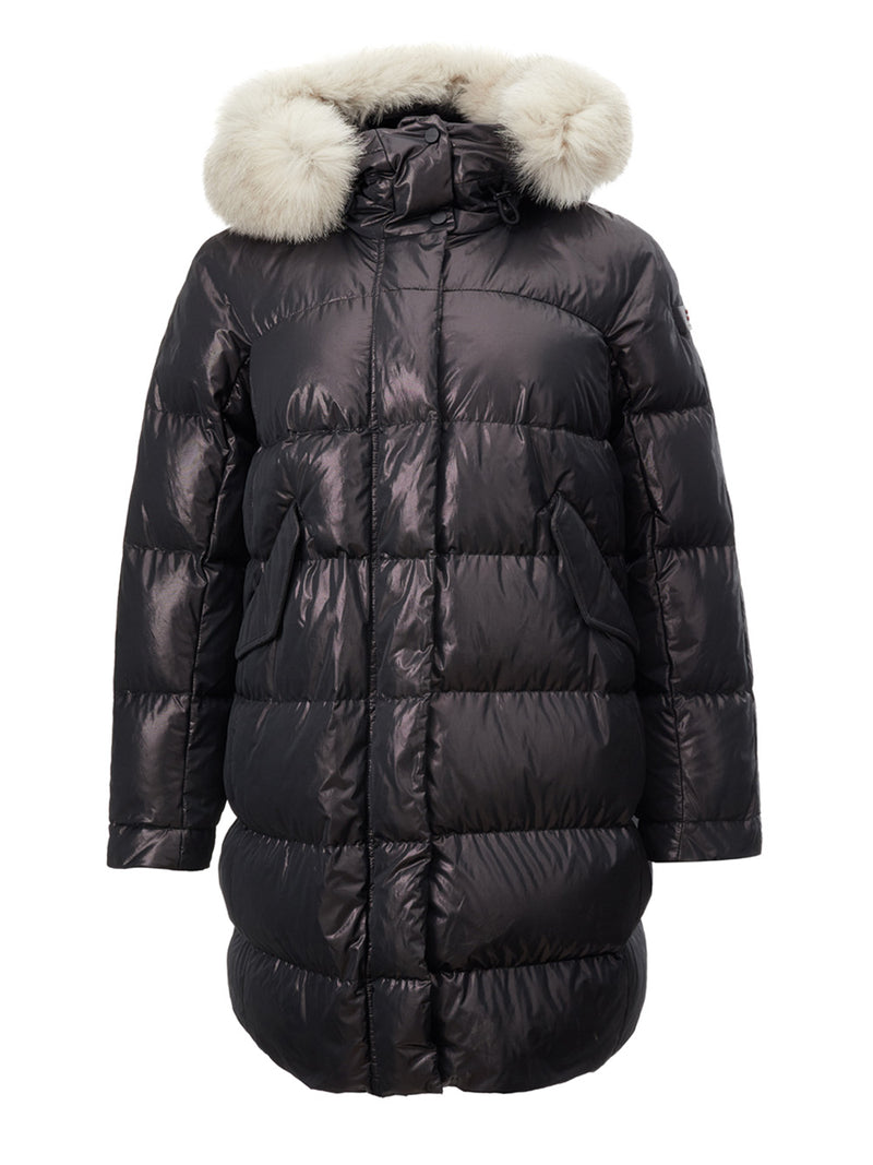 Black Bronzed Quilted Long Jacket with Fur