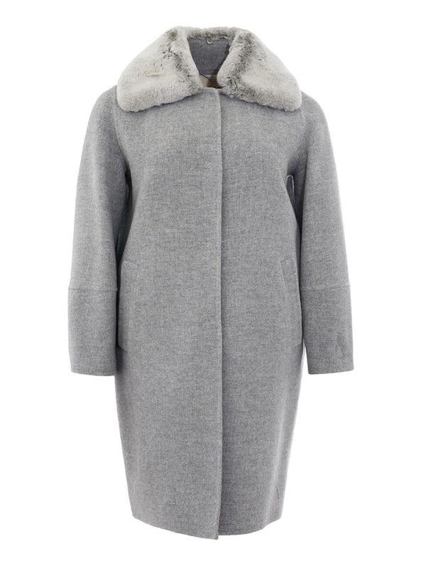 Grey Wool Coat with Fur Collar