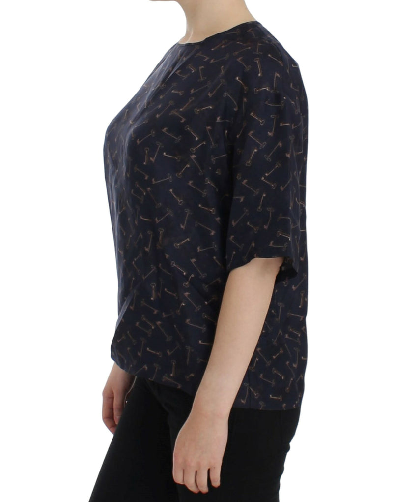 Blue gold key print silk blouse