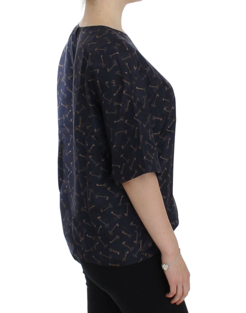 Blue gold key print silk blouse